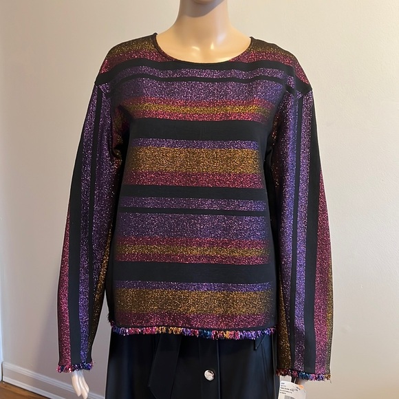 Diane Von Furstenberg Metallic Striped Long Sleeve Sweatshirt Size M - Picture 1 of 10